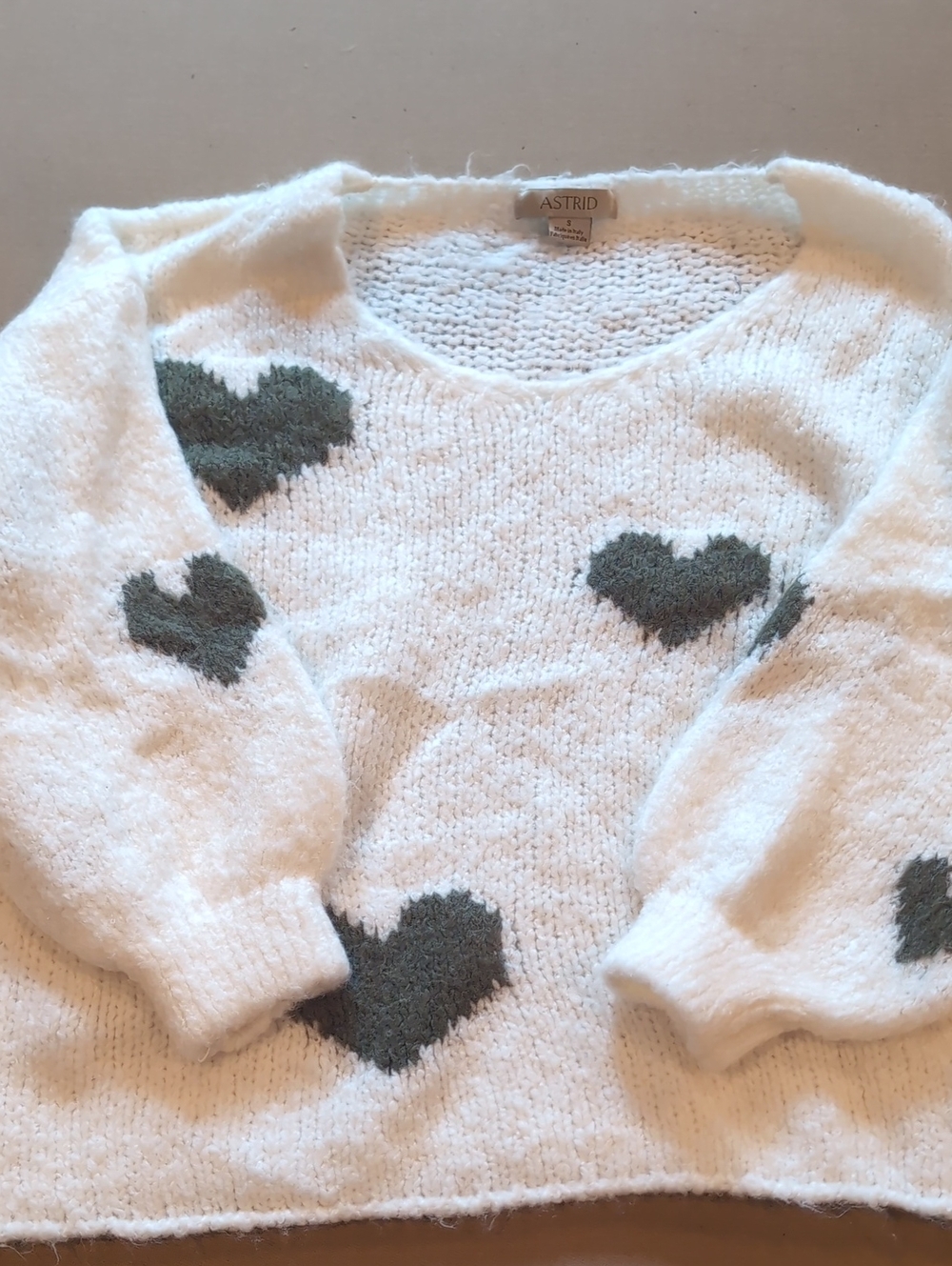 Astrid White Knit Sweater with Green Heart Accents